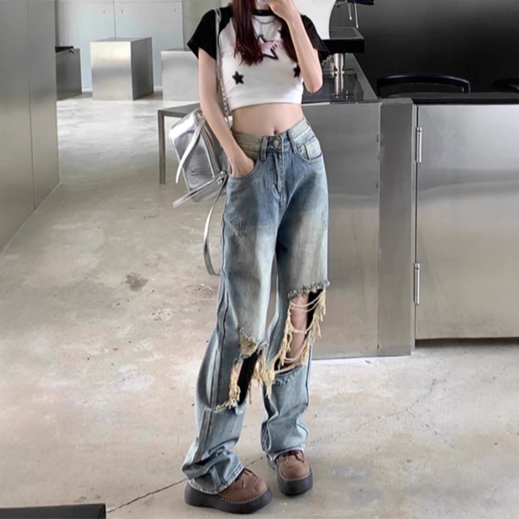 ダメージジーンズ 大胆ダメージワイドデニムパンツ