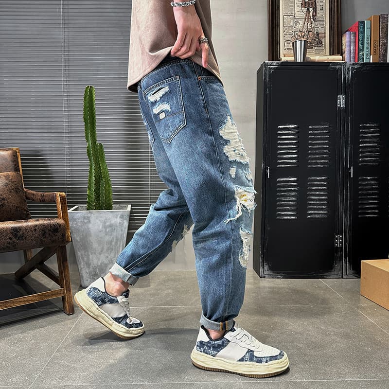 ダメージジーンズ ゆったりシルエット ダメージ加工デニム