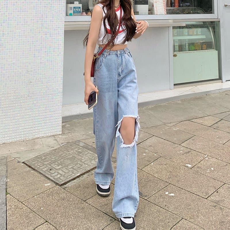 ダメージジーンズ ゆったりダメージワイドデニムパンツ