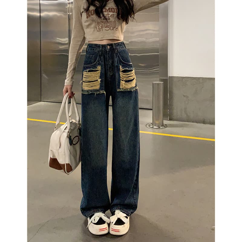 ダメージジーンズ ポケットダメージ ウエストハイ デニムパンツ