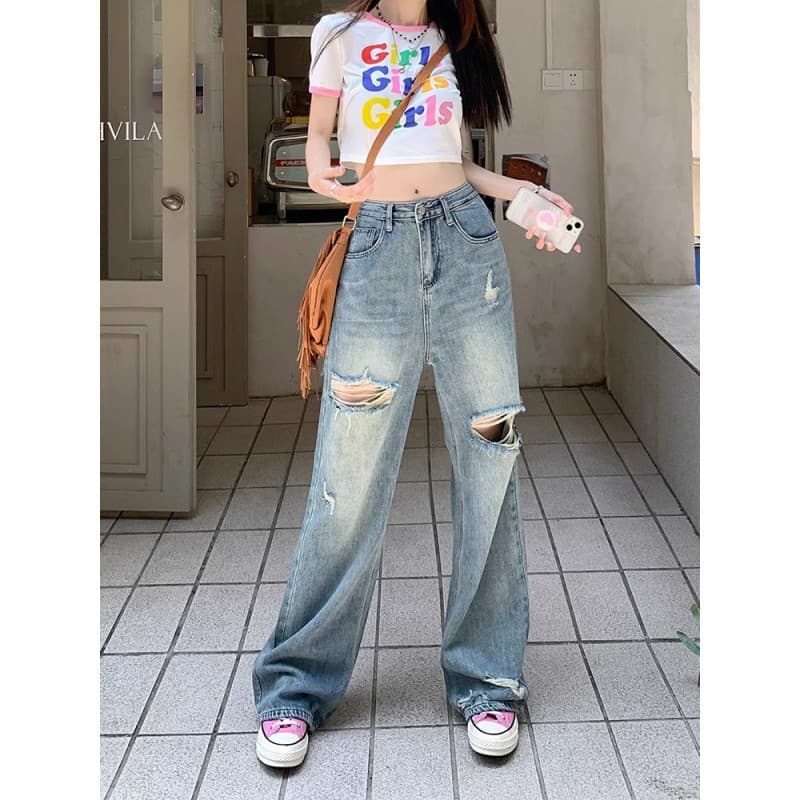 ゆとりハイウエストダメージジーンズ