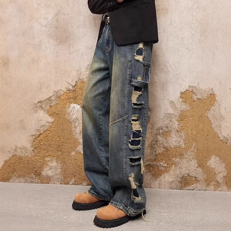 ダメージジーンズ ビンテージ加工ダメージストレートデニム