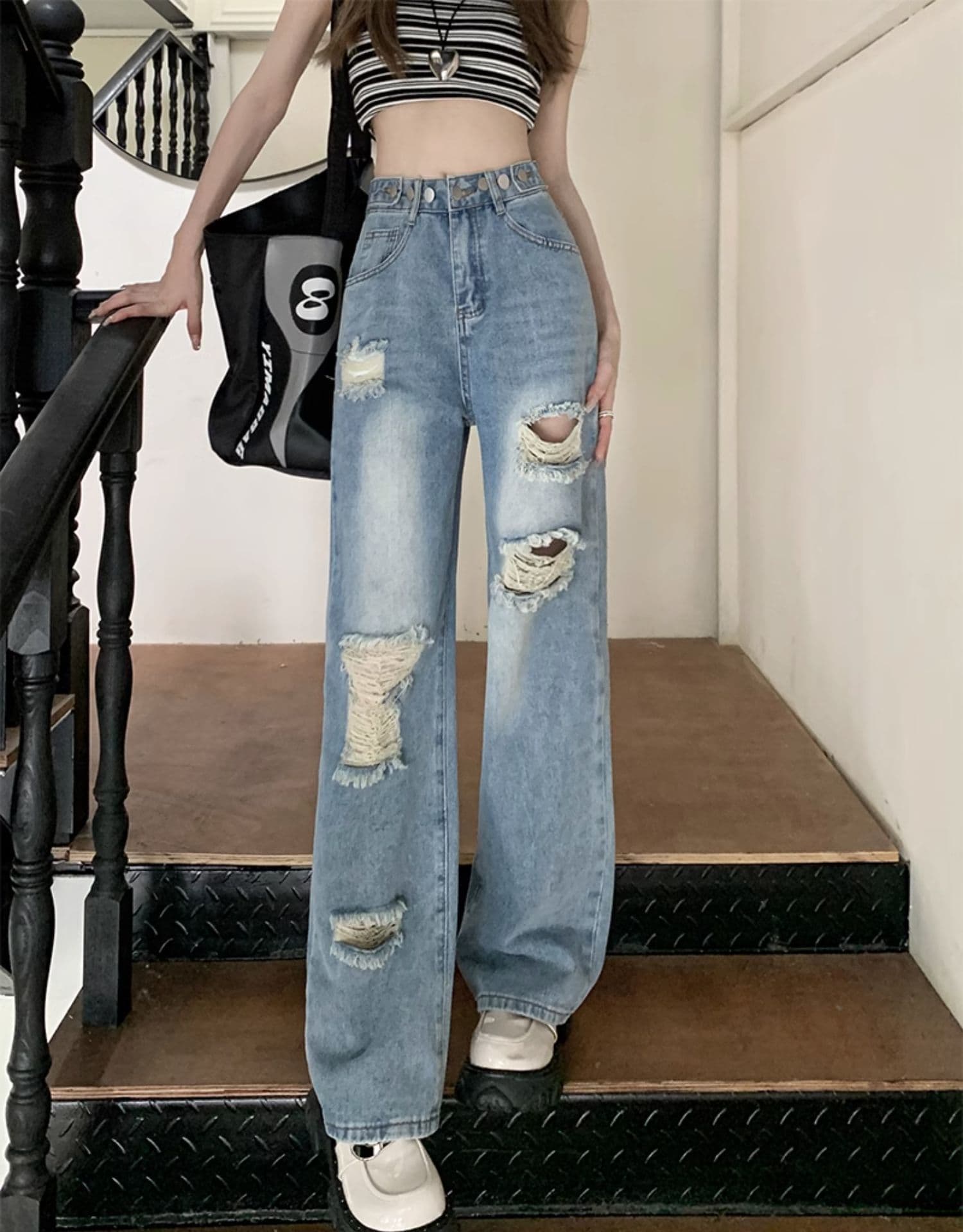 ダメージジーンズ ヴィンテージ風ダメージストレートデニムパンツ