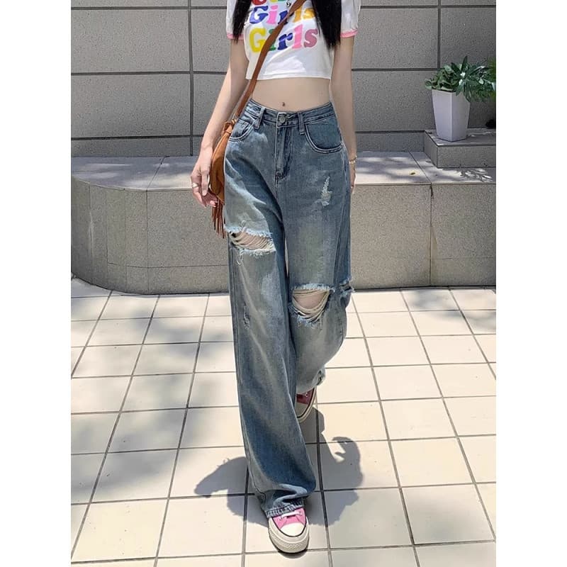 ゆとりハイウエストダメージジーンズ