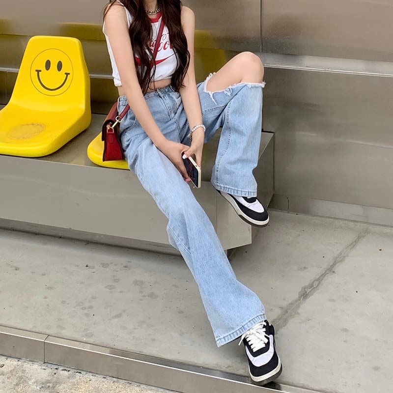 ダメージジーンズ ゆったりダメージワイドデニムパンツ
