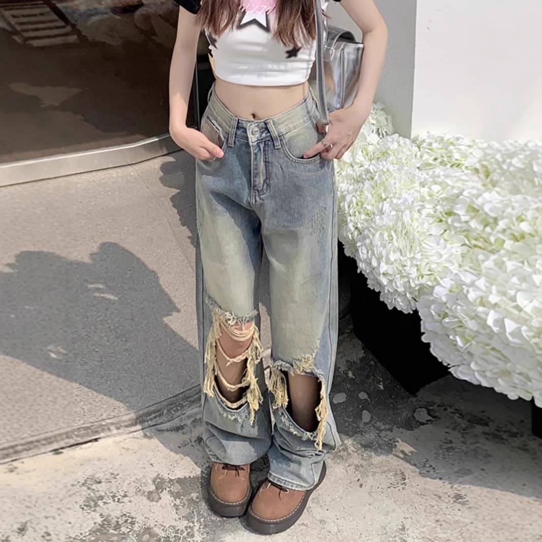 ダメージジーンズ 大胆ダメージワイドデニムパンツ
