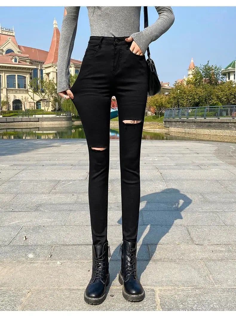 ハイウエストダメージジーンズストレッチパンツ