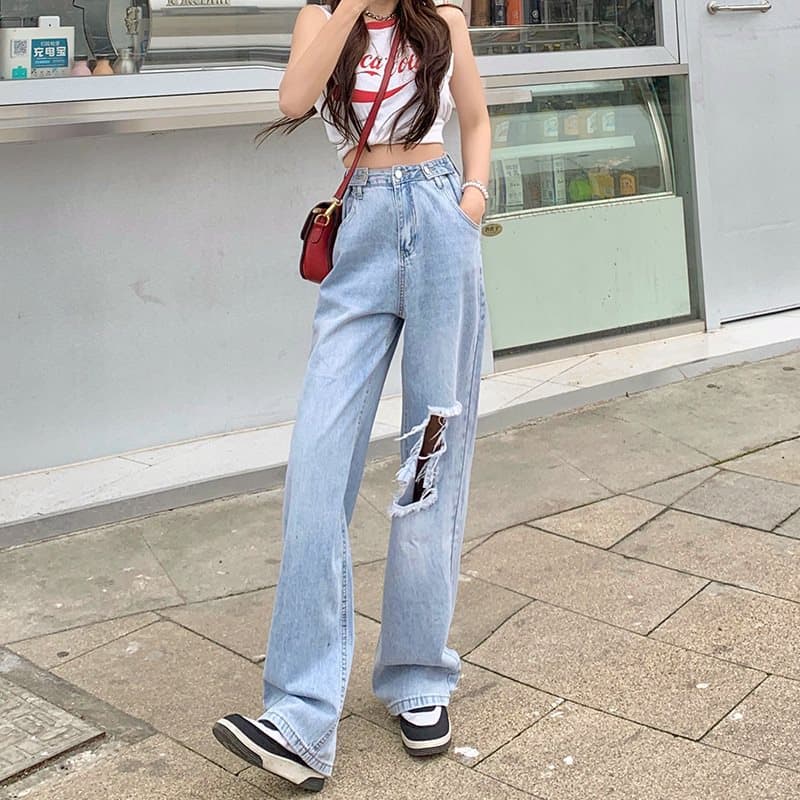 ダメージジーンズ ゆったりダメージワイドデニムパンツ