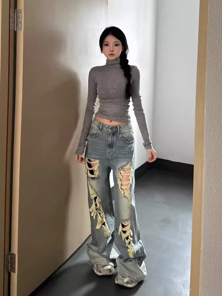ダメージジーンズ ヴィンテージ風ダメージワイドデニムパンツ
