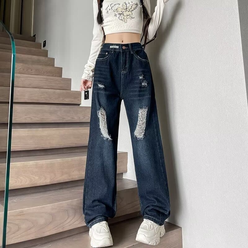 ダメージジーンズ ハイウエストダメージ加工ゆったりデニム