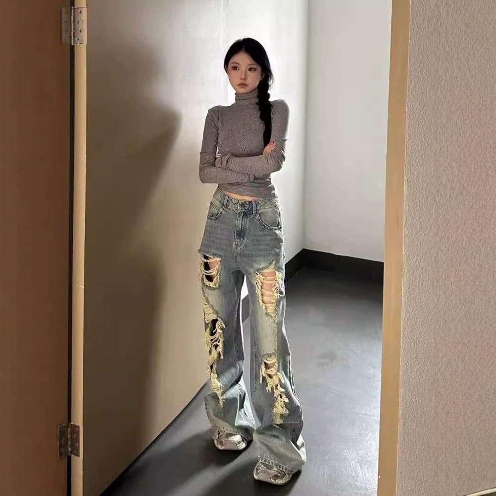 ダメージジーンズ ヴィンテージ風ダメージワイドデニムパンツ