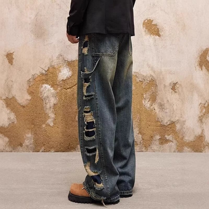 ダメージジーンズ ビンテージ加工ダメージストレートデニム