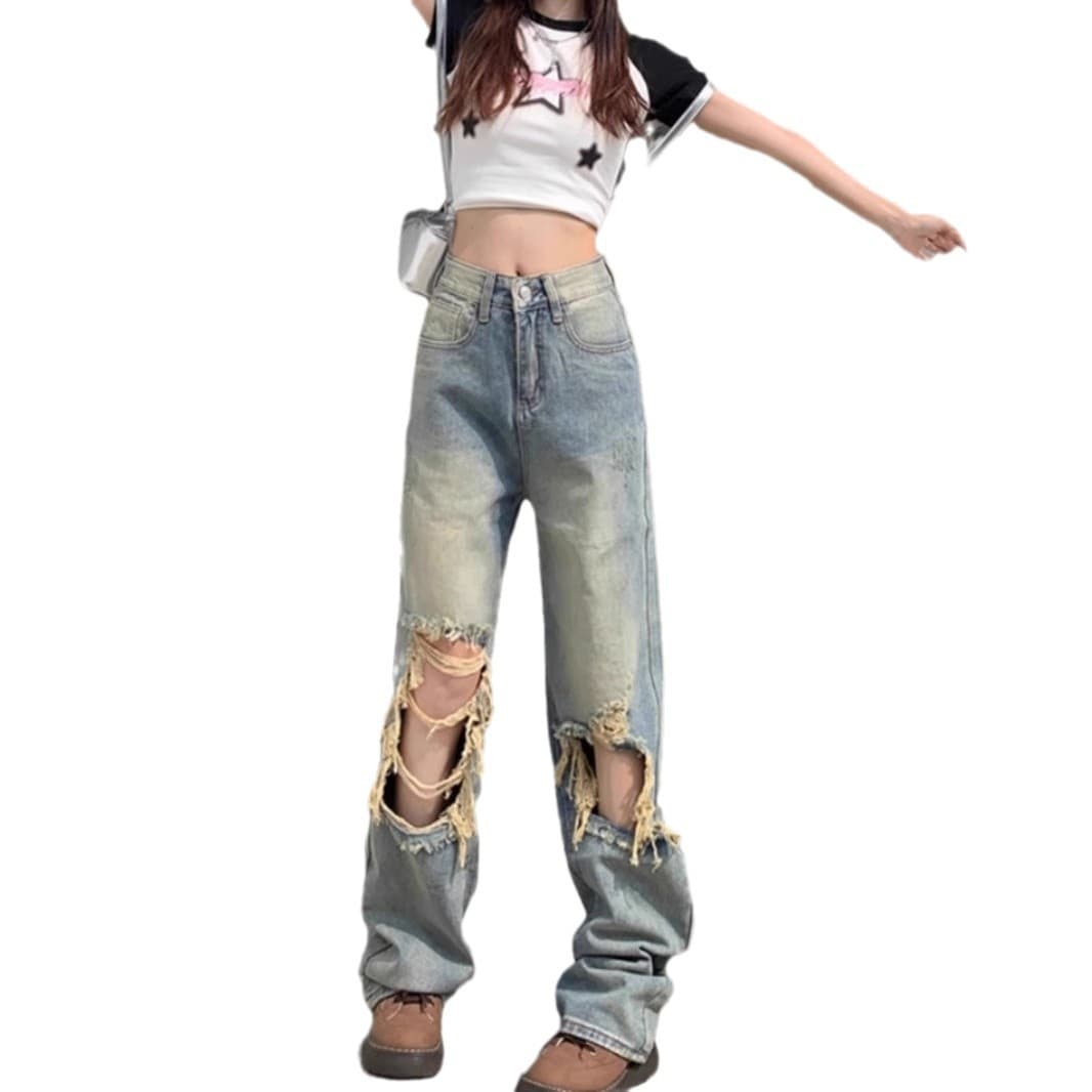 ダメージジーンズ 大胆ダメージワイドデニムパンツ