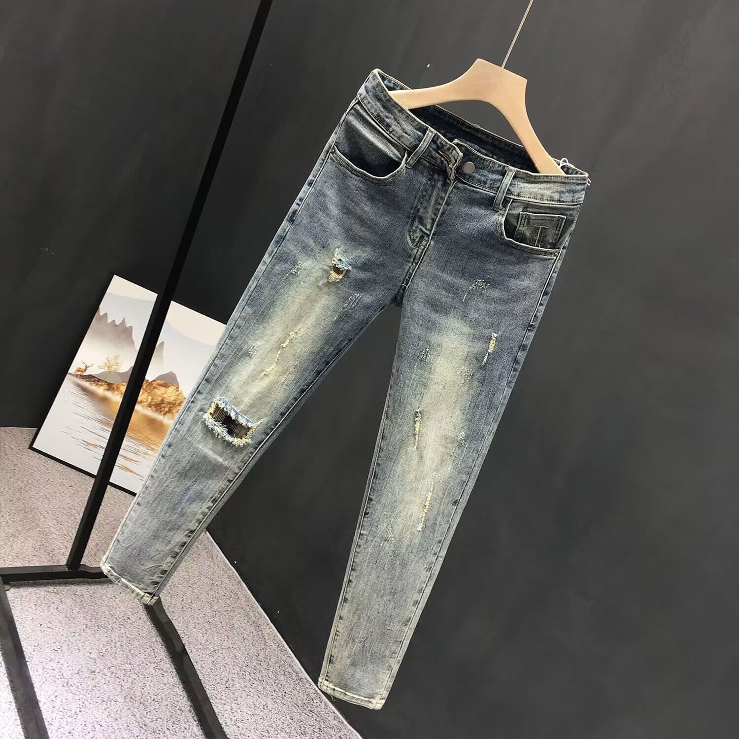 ダメージジーンズ ダメージ加工 ストレートデニムパンツ