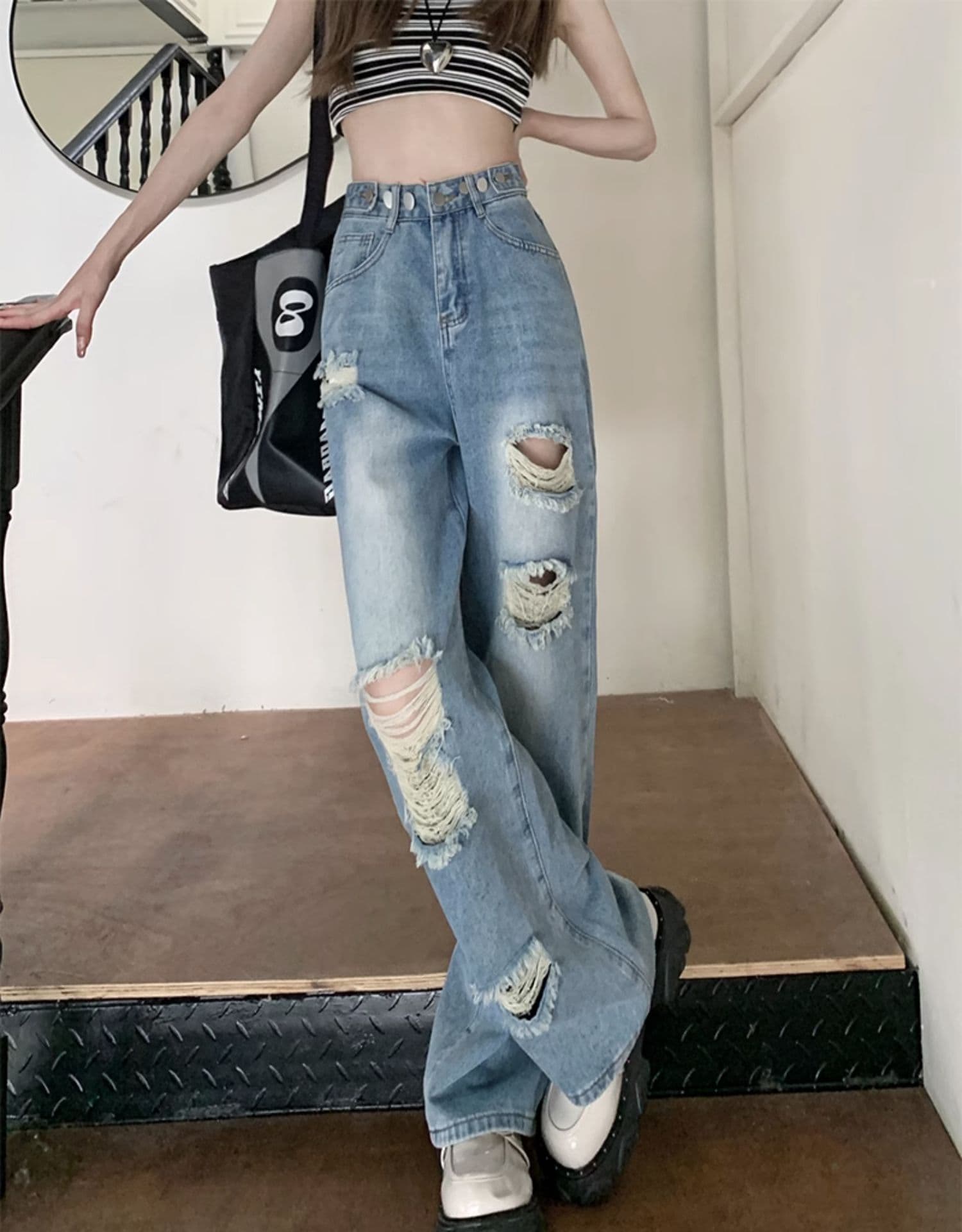 ダメージジーンズ ヴィンテージ風ダメージストレートデニムパンツ