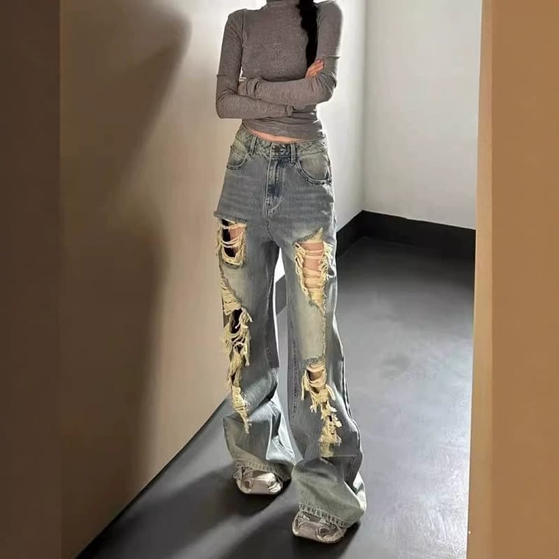 ダメージジーンズ ヴィンテージ風ダメージワイドデニムパンツ