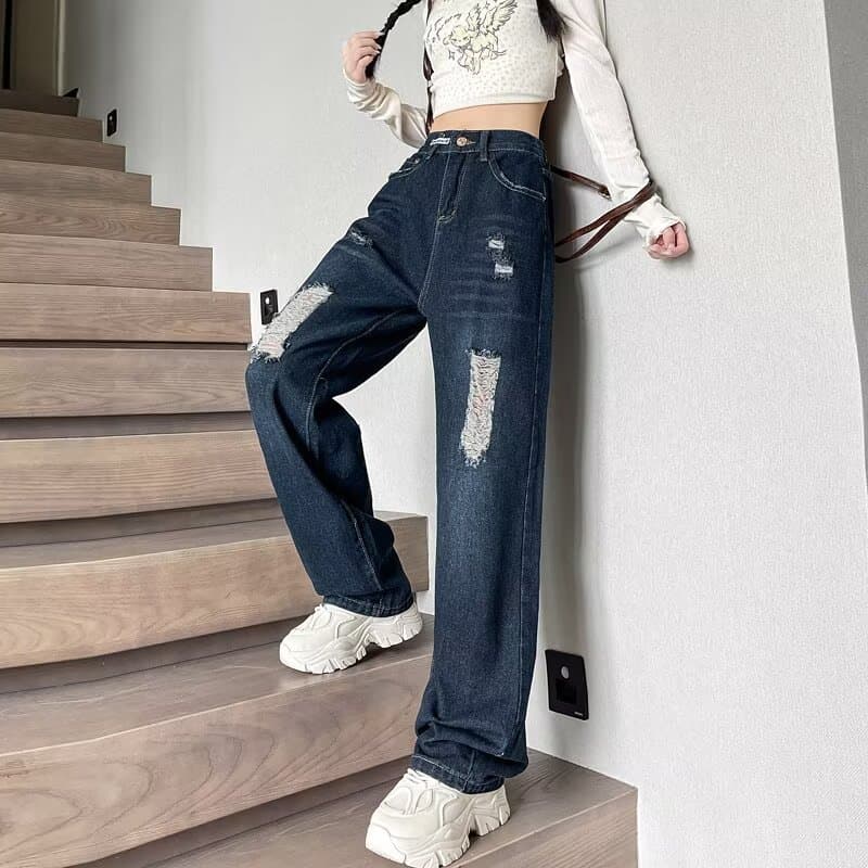 ダメージジーンズ ハイウエストダメージ加工ゆったりデニム