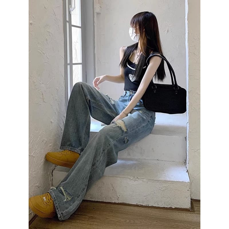 ゆとりハイウエストダメージジーンズ
