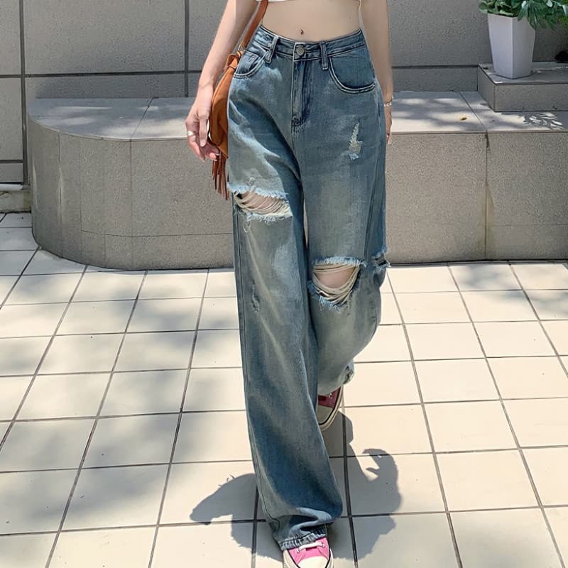 ゆとりハイウエストダメージジーンズ