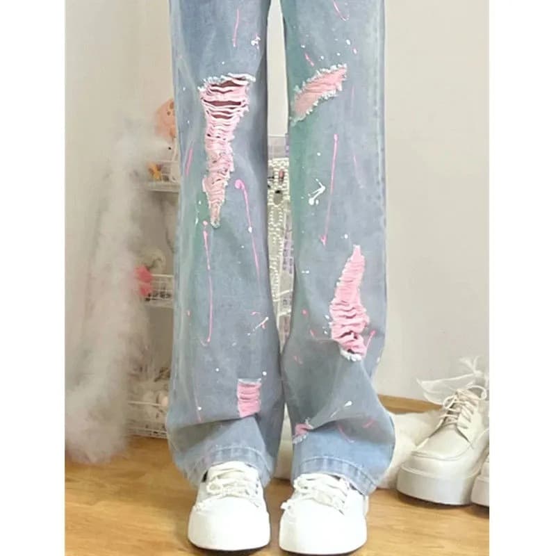 ペイント風ダメージジーンズパンツ