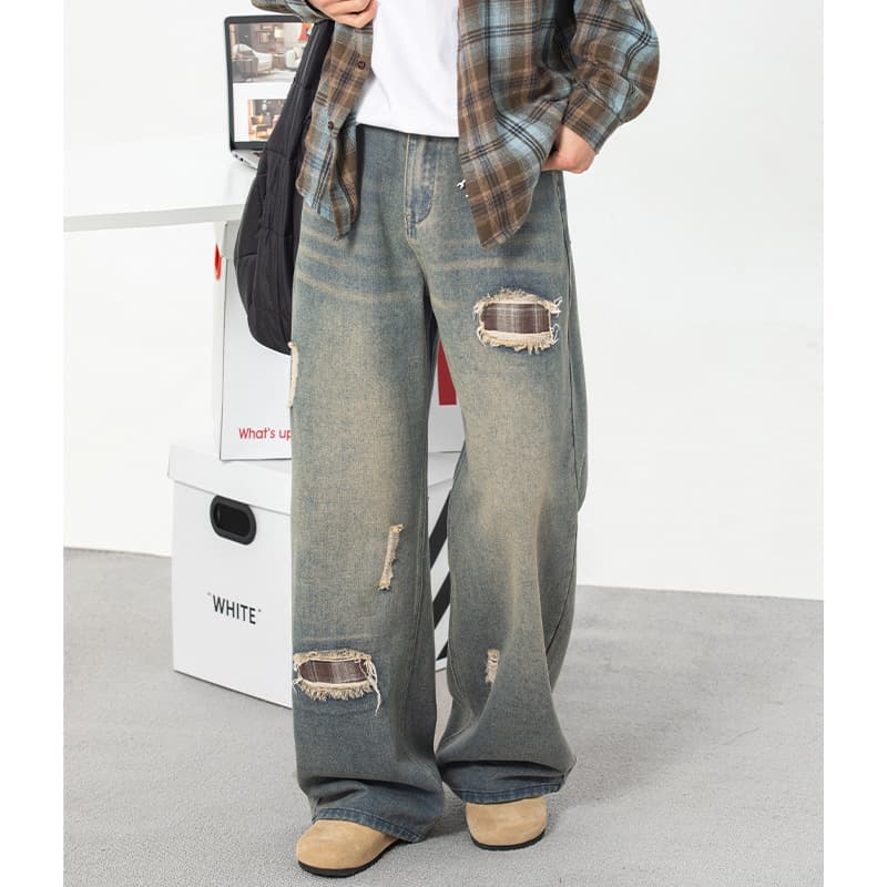 ダメージジーンズ ワイドシルエット ダメージ加工デニム