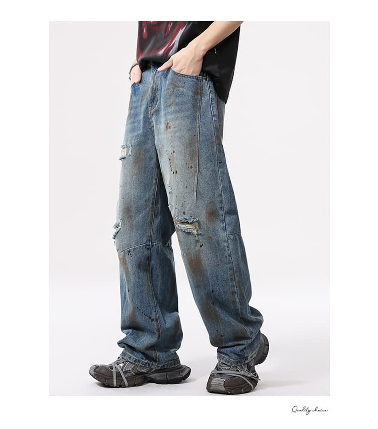 ダメージジーンズ ワイドシルエット スラッシュ加工 デニムパンツ