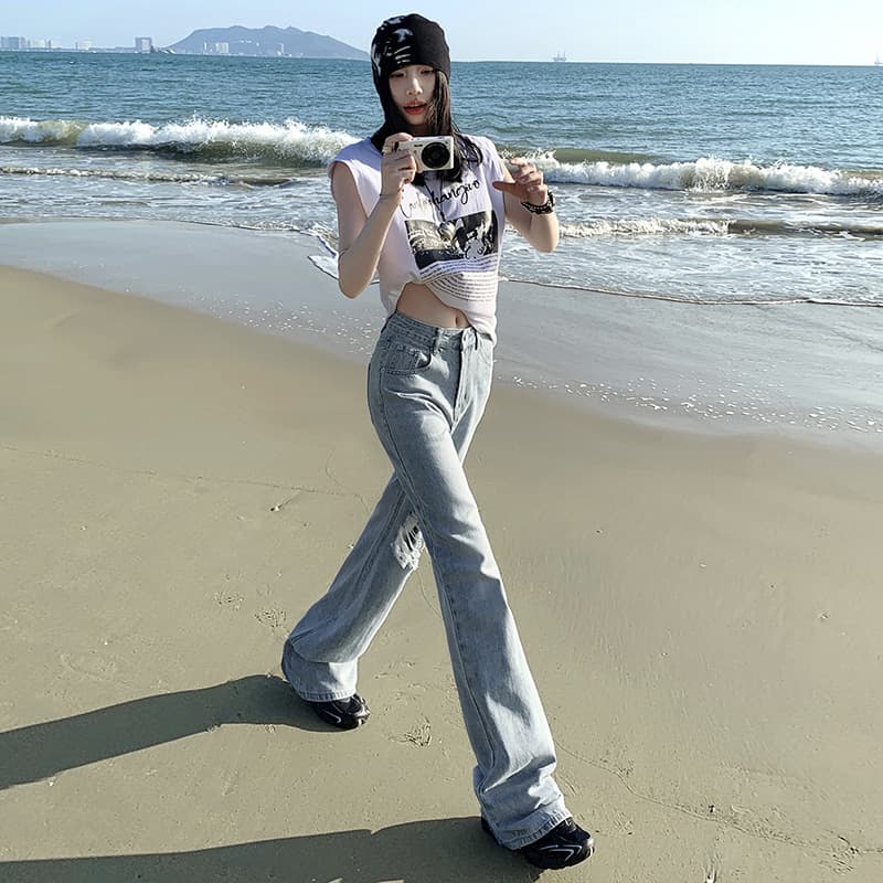 ダメージジーンズ ハイウエストダメージワイドデニム