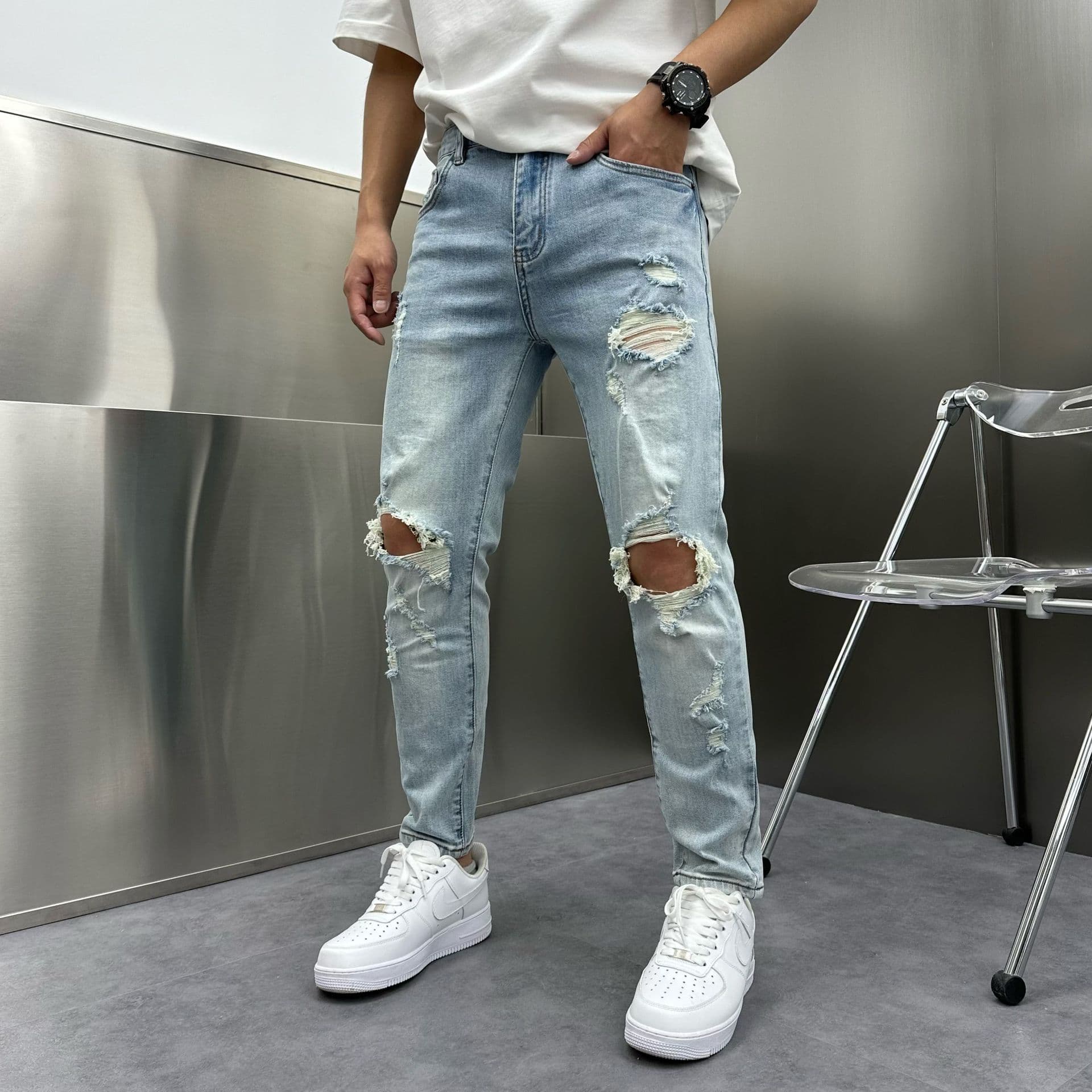 ダメージジーンズ クラッシュ加工 ストレートデニムパンツ